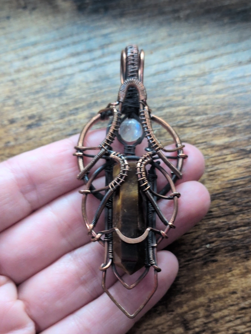 Handmade Copper Wire-Wrapped Tiger Eye Pendant with Moonstone Accent